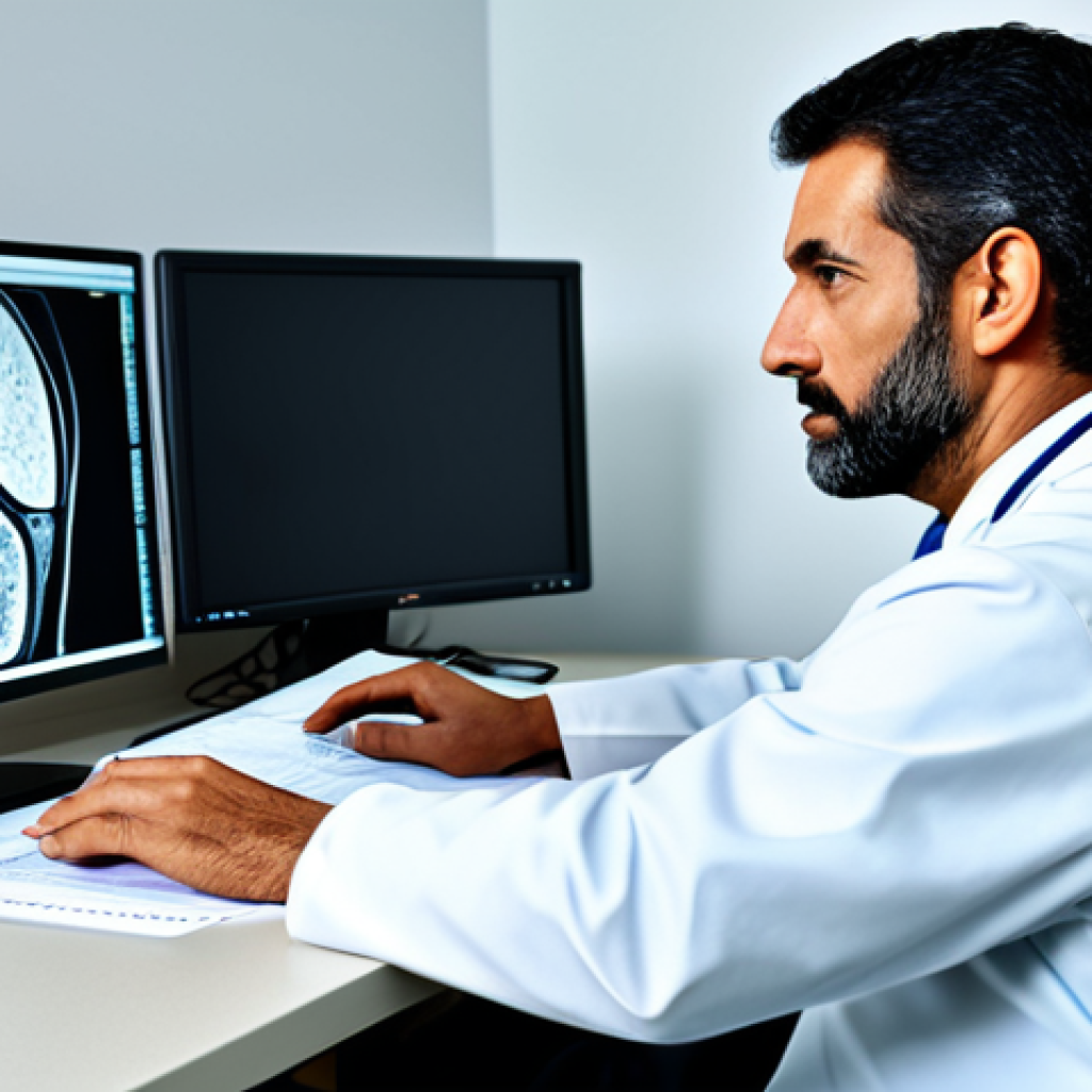 **
"A radiologist in a modern Spanish hospital, analyzing a medical scan on a computer. The image shows a detailed segmentation highlighting a specific area. Professional attire, fully clothed, appropriate content, safe for work, perfect anatomy, natural proportions, high quality."
**