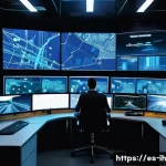 Home 18 영상 인식 기술의 최신 알고리즘 비교 - A high-tech security control room in a modern Spanish city, featuring multiple large screens display...