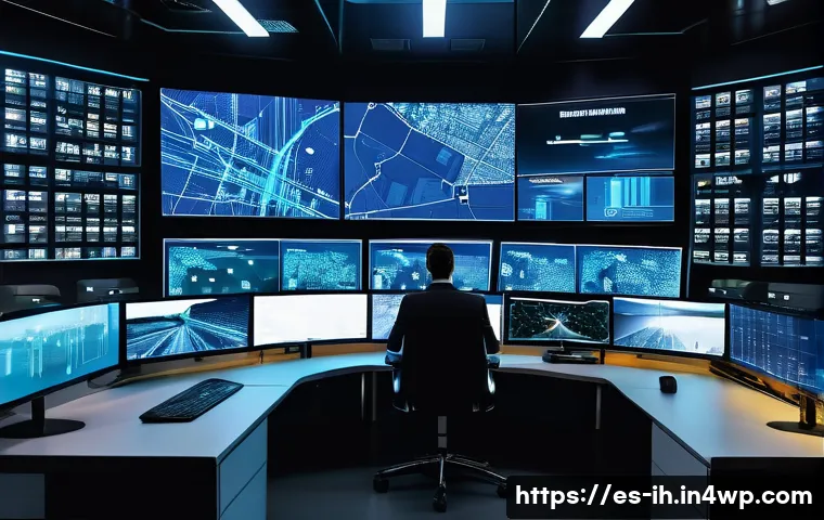 영상 인식 기술의 최신 알고리즘 비교 - A high-tech security control room in a modern Spanish city, featuring multiple large screens display...